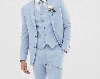Mann hellblau 3 Stück Anzug-Sommer, Dinner, Abschlussball, abendessen Anzug-Maßanzug-Herren blau Anzüge-Hochzeitsanzug für Bräutigam & Trauzeugen