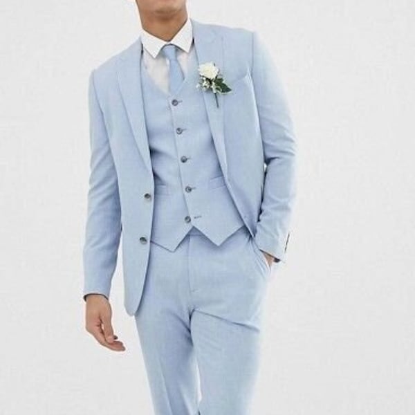 Man light blue 3 piece suit-summer, dinner, prom, dinner suit-bespoke suit-men's blue suits-wedding suit for groom & groomsmen