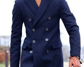 man tweed customize blue overcoat, woolen long coat, trench coat, customize jacket, Christmas gift for man