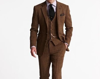 Brown customised warm suit 3 Piece Tweed Suit, tweed brown wedding suit groom suit warm tweed suit brown suit for men