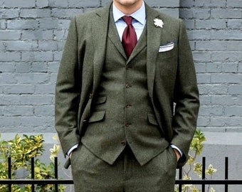 Man tweed green 3 piece suit-winter, dinner, prom, party wear suit-bespoke suit-men's green suits-wedding suit for groom & groomsmen