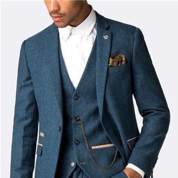 Herren Tweed blau 3-teiliger Anzug-Hochzeitsanzug für Bräutigam & Trauzeugen-Winter, Abendessen, Abschlussball, Partykleidungsanzug-Maßanzug-Herrenblaue Anzüge