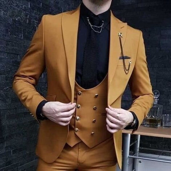 Man mustard yellow 3 piece suit-wedding suit for groom & groomsmen-bespoke suit-men's yellow suits-dinner, prom, party wear suit