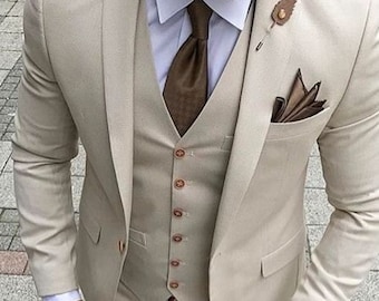 Man beige 3 piece suit-wedding suit for groom & groomsmen-bespoke suit-men's beige suits-prom, dinner, party wear suit-beach wedding suit