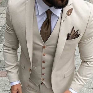 Man beige 3 piece suit-wedding suit for groom & groomsmen-bespoke suit-men's beige suits-prom, dinner, party wear suit-beach wedding suit