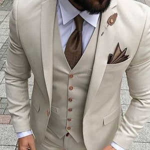 Man beige 3 piece suit-wedding suit for groom & groomsmen-bespoke suit-men's beige suits-prom, dinner, party wear suit-beach wedding suit