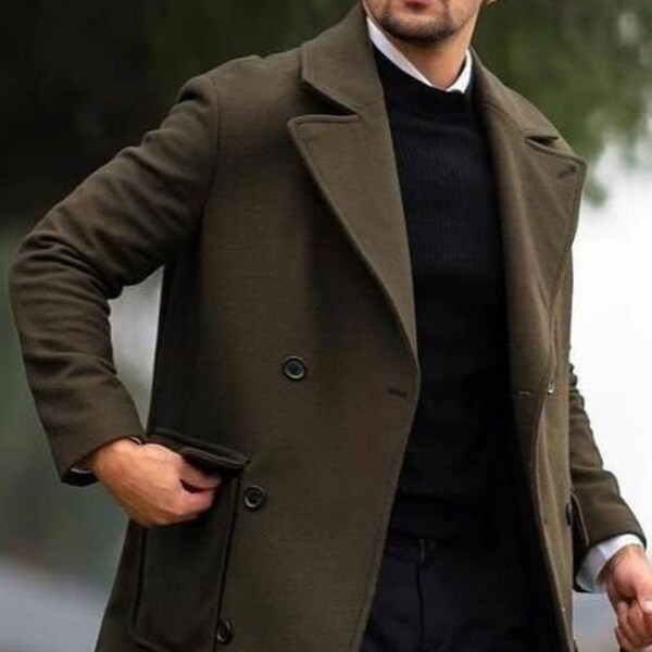 Man coat-Trench style coat-Green overcoat-winter coat-woolen jacket-tweed coat-long overcoat-customized coat-woolen pea coat christmas gift