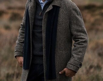 Man coat-men's grey overcoat-winter coat-woolen jacket , customized coat , herringbone coat,  Christmas gift for man