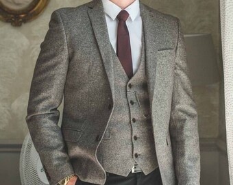 Man tweed grey 3 piece suit-winter party suit-wedding suit- suit for groom & groomsmen-dinner, prom, suit-bespoke suit-men's grey suits