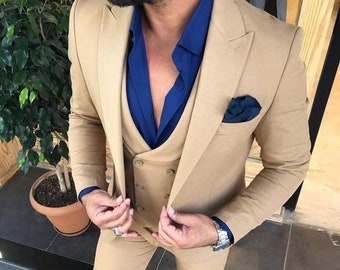 Men's beige 3 piece suit-wedding suit for groom & groomsmen-prom, dinner, party wear suit-man suit-bespoke suit-man beige suit