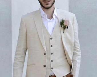 Bespoke suit-man beige linen 3 piece suit-prom, dinner, party wear suit-men's beige suits-wedding suit for groom & groomsmen