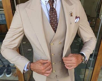 Man beige 3 piece suit-wedding suit for groom & groomsmen-dinner, prom, party wear suit-bespoke suit-men's beige suits