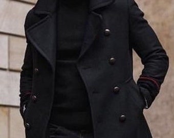 Man zwarte overjas, stijlvolle wollen lange jas, trenchcoat, tweed grijze jas, kerstcadeau voor vrienden aanpassen