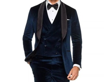 Traje de terciopelo azul para hombre, traje de 3 piezas, traje para fiesta de graduación de boda, traje de novio y padrino de boda, traje personalizado