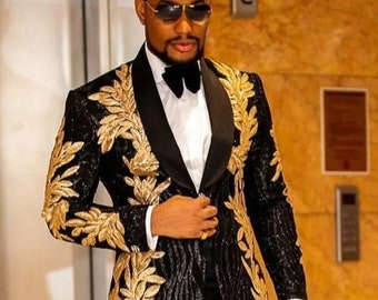 Black Mens Suit Two Pieces Sequins Embroidery Wedding Grooms Tuxedos Custom Made One Button Formal Prom Suit African Suit
