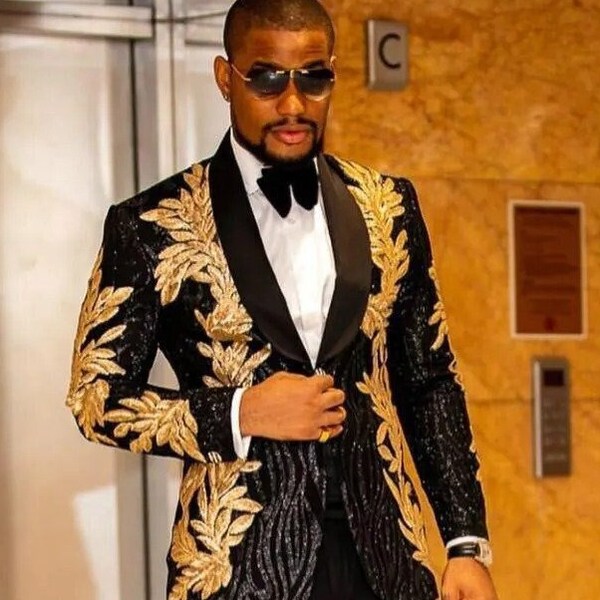 Black Mens Suit Two Pieces Sequins Embroidery Wedding Grooms Tuxedos Custom Made One Button Formal Prom Suit African Suit