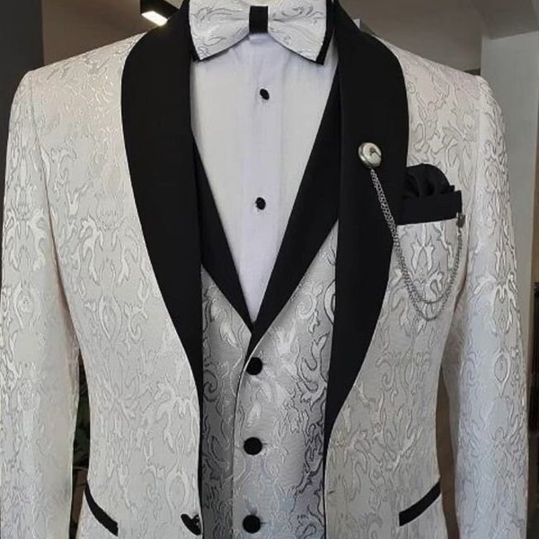 Bespoke suit-man white paisley 3 piece suit-black lapel suit-prom dinner, party wear suit-men's paisley suit-wedding suit  groom & groomsmen