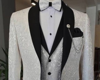 Latest Design Groom Tuxedos Side Vent White Paisley Shawl Lapel Wedding Clothes Men Party Prom Suits Coat Trouses Sets