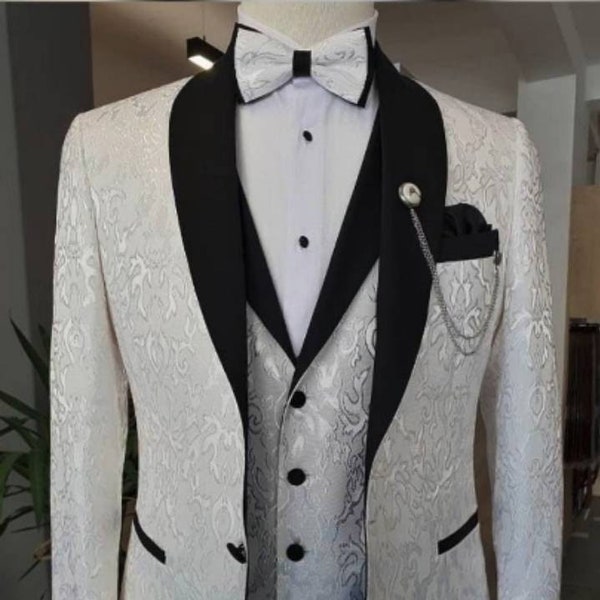 Latest Design Groom Tuxedos Side Vent White Paisley Shawl Lapel Wedding Clothes Men Party Prom Suits Coat Trouses Sets