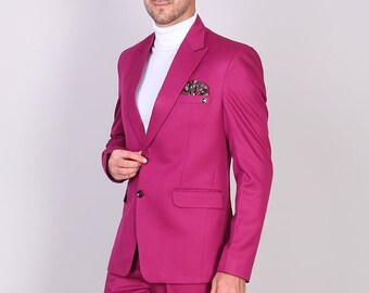 Man magenta 2 piece suit, wedding prom dinner party wear suit, groom & groomsman suit, customize suits