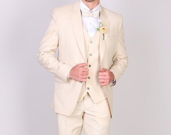 Traje a medida-hombre beige lino traje de 3 piezas-prom, cena, fiesta traje-trajes de hombre beige-traje de novia para novios y padrinos