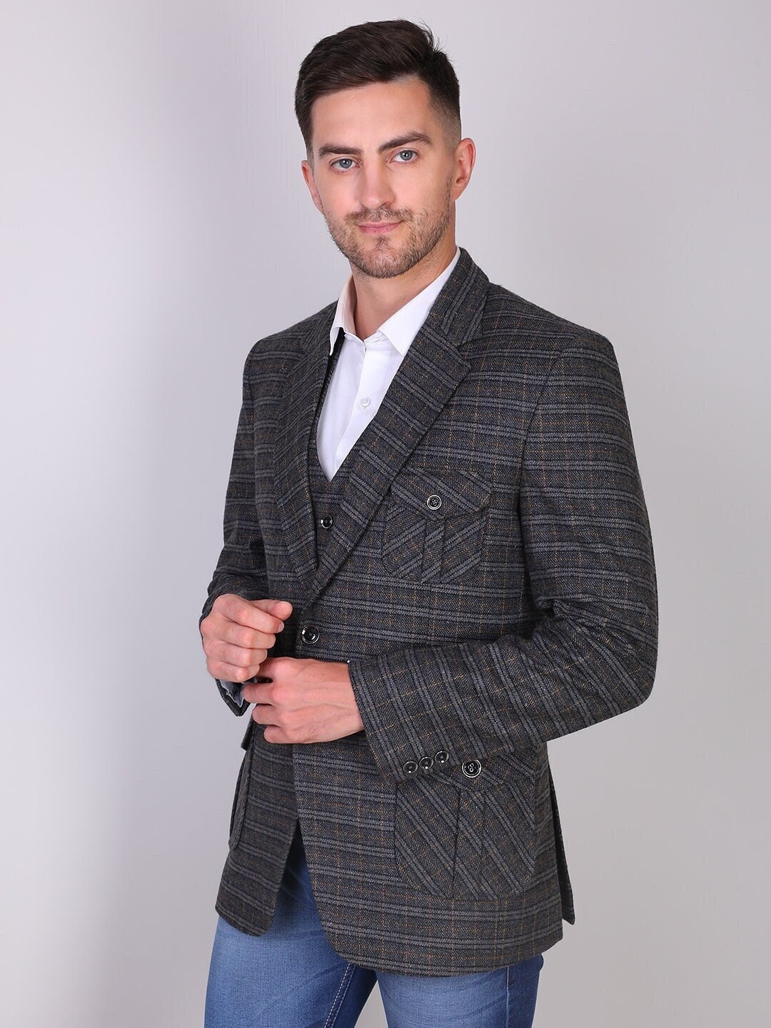 Grey checked hotsell blazer mens