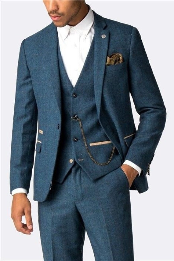 Man Tweed Blue 3 Piece Suit-wedding Suit for Groom & Groomsmen-winter,  Dinner, Prom, Party Wear Suit-bespoke Suit-men's Blue Suits -  Denmark