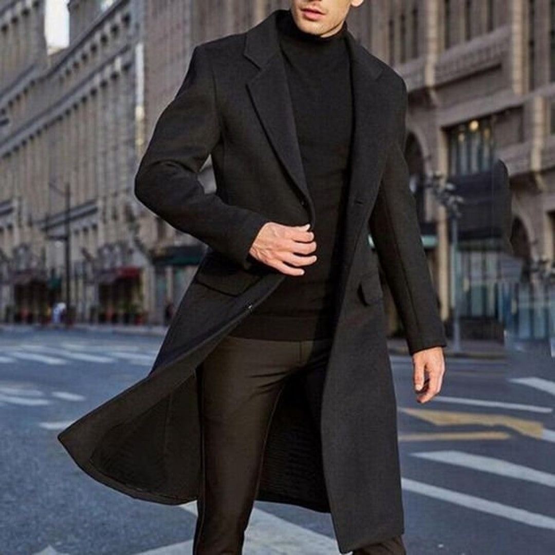 Buy Men Woolen Long Coat Trench Style Black Mens Overcoat for Online in ...