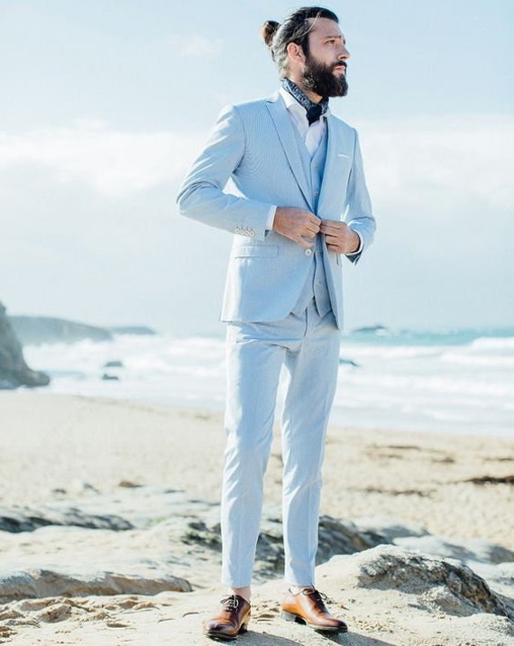 Men Linen Light Blue Suit Beach Wedding Suit Groom Wear Suit Etsy