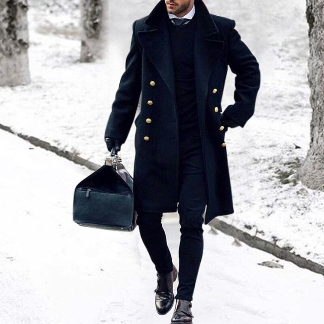 Fashion Men Woolen Long Coat Trench 