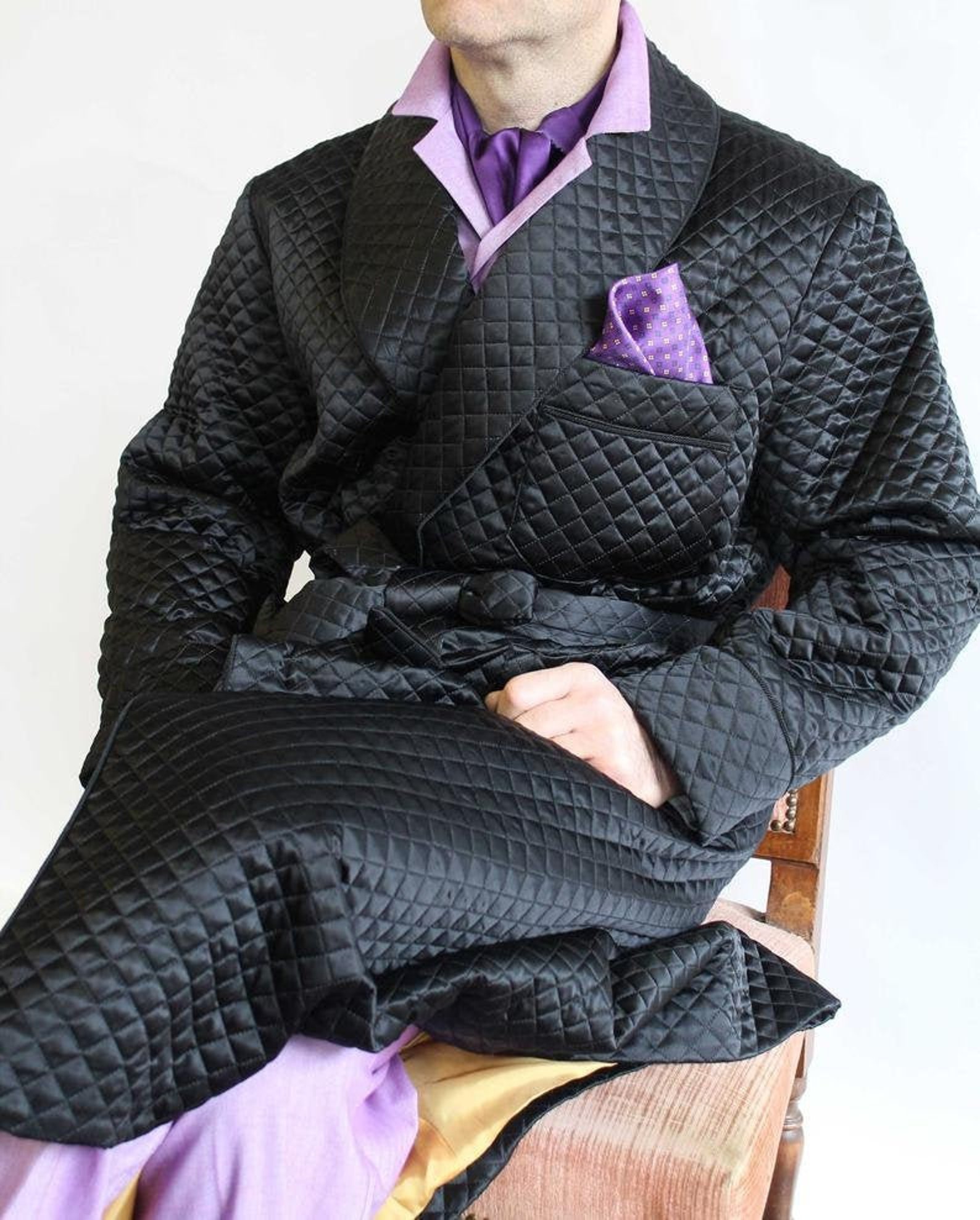 Men Smoking Jacket Robe Black Silk Satin Fully Quilted Luxury Etsy