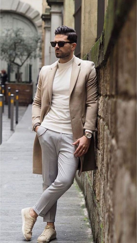 Fashion Men Woolen Long Coat Trench Style Beige Men Overcoat | Etsy