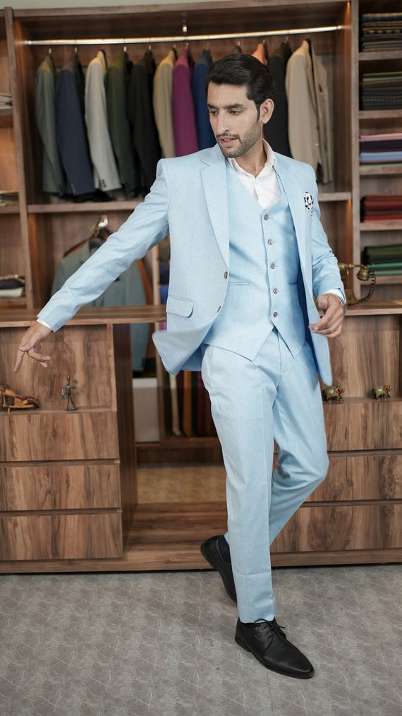Man Linen Light Blue 3 Piece Suit-beach Wedding Suit-prom, Dinner