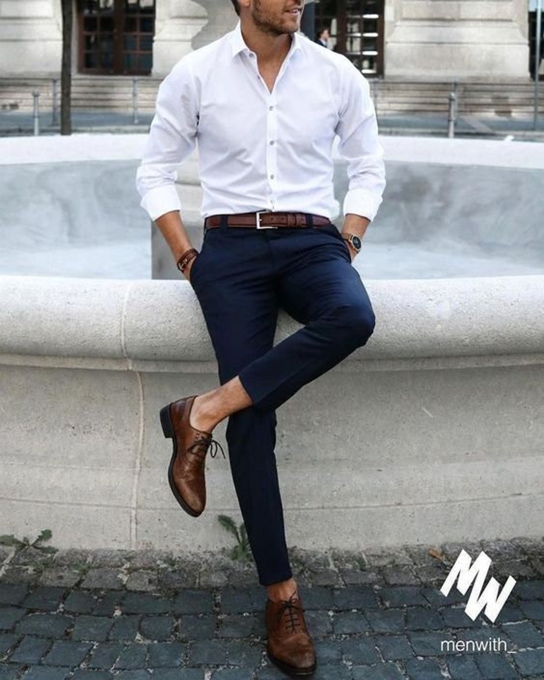 Man Elegant White Shirt Blue Trouser for Office Wear Mens 