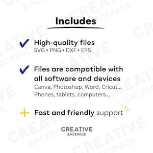 May include: A white background with blue checkmarks and text that says "Includes" in black. The text below the heading says "High-quality files SVG. PNG. DXF. EPS" and "Files are compatible with all software and devices Canva, Photoshop, Word, Cricut... Phones, tablets, computers..." and "Fast and friendly support". The text at the bottom says "CREATIVE BACKPACK".