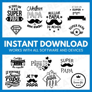Op de afbeelding: Een verzameling van 10 zwart-witte digitale downloads met verschillende ontwerpen voor Vaderdag. De ontwerpen bevatten tekst in het Frans en Engels, zoals "Super Papa", "Meilleur Papa" en "Le Veritable Super Papa".