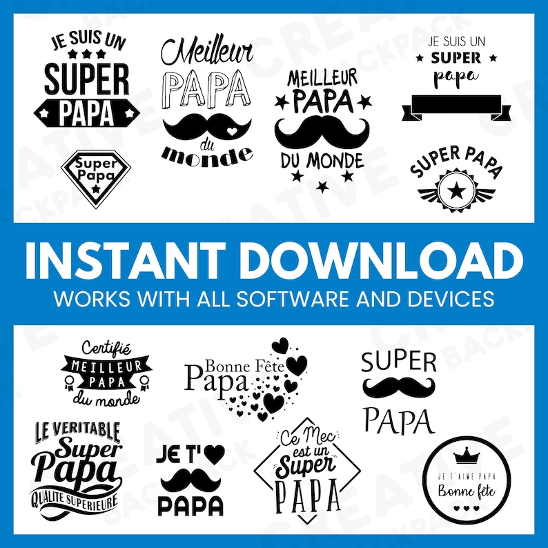 Op de afbeelding: Een verzameling van 10 zwart-witte digitale downloads met verschillende ontwerpen voor Vaderdag. De ontwerpen bevatten tekst in het Frans en Engels, zoals "Super Papa", "Meilleur Papa" en "Le Veritable Super Papa".