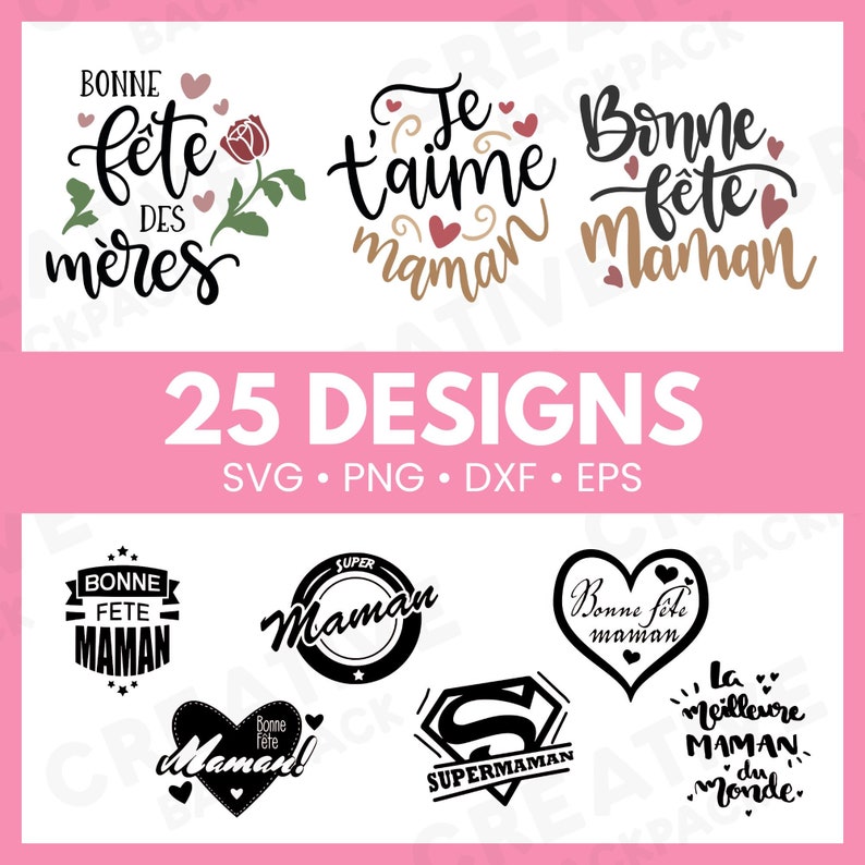 French Mothers Day Bundle, 25 Designs, Mom SVG, Digital Download for Cricut, Silhouette (includes svg, png, eps, dxf formats)