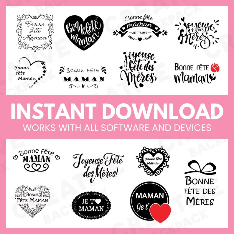 May include: A digital download of 10 black and white Mother's Day designs. The designs feature various phrases in French, including "Bonne f&ecirc;te maman" and "Joyeuse f&ecirc;te des m&egrave;res".