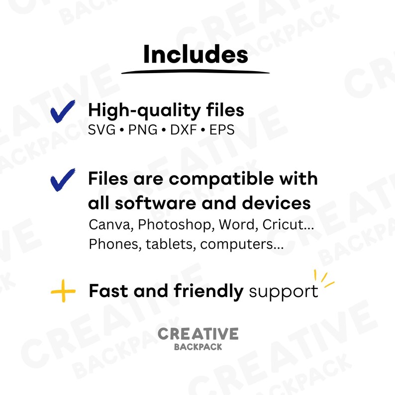 Op de afbeelding: Een witte achtergrond met blauwe vinkjes en tekst die "Includes" zegt in het zwart. De tekst onder de kop zegt "High-quality files SVG. PNG. DXF. EPS" en "Files are compatible with all software and devices Canva, Photoshop, Word, Cricut... Phones, tablets, computers..." en "Fast and friendly support". De tekst onderaan zegt "CREATIVE BACKPACK".