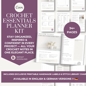 Könnte beinhalten: Digitales Häkelplaner-Kit mit lila und weißem Design. Das Kit enthält druckbare Seiten zur Organisation von Häkelprojekten mit dem Text "Crochet Essentials Planner Kit". Enthält handgefertigte Etiketten und eine Stichbibliothekskarte.
