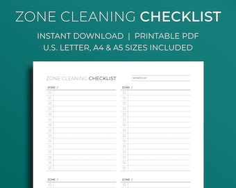 Household Printable PDF Planner ⦁ Zone Cleaning Checklist ⦁ Home Organization Cleaning Chart, Planner ⦁ PDF Chore Chart ⦁ A4, A5, Letter