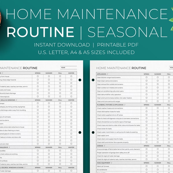 Home Maintenance Routine | Seasonal ⦁ Household Printable PDF Planner ⦁ PDF Chore Chart ⦁ A4, A5, Letter