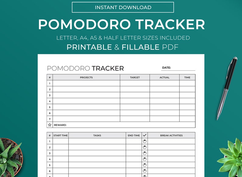 Pomodoro Tracker Fillable &amp; Printable Pomodoro Planner Pomodoro Log ...