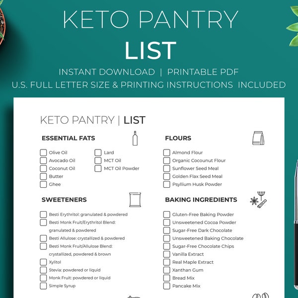 Keto Pantry List Printable | Keto Grocery List | Low Carb Food List | Keto Tracker | Minimalist Printable PDF Template | Instant Download