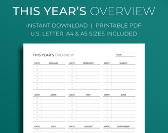 This Years Overview ⦁ Minimalist Printable Productivity PDF Template Planner Insert ⦁ A4, A5, Letter