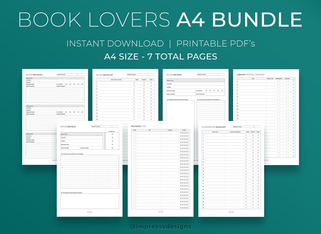 Book Lovers Planner Bundle 7x A4 Designs Minimalist - Etsy