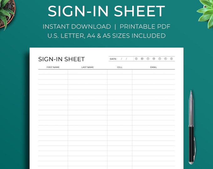 Printable Sign-in Sheet ⦁ A4, A5, Letter ⦁ Minimalist Printable ...