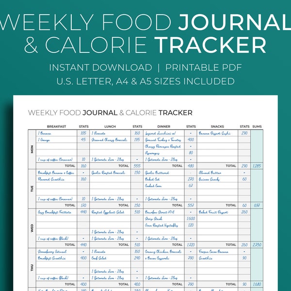 Weekly Food Journal and Calorie Tracker ⦁ Carb Tracker, Protein Tracker, Diet Planner ⦁ PDF Instant Download ⦁ A4, A5, Letter