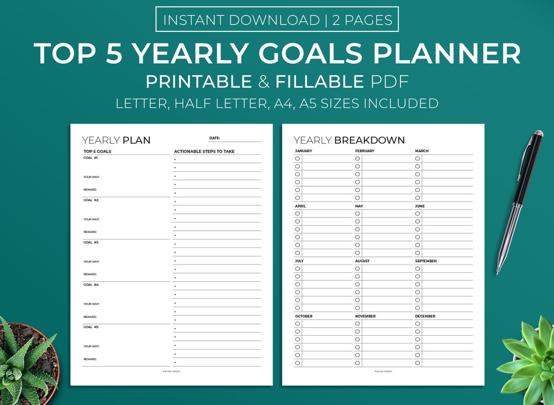 Top 5 Yearly Goals Planner | Fillable & Printable | Minimalist ...